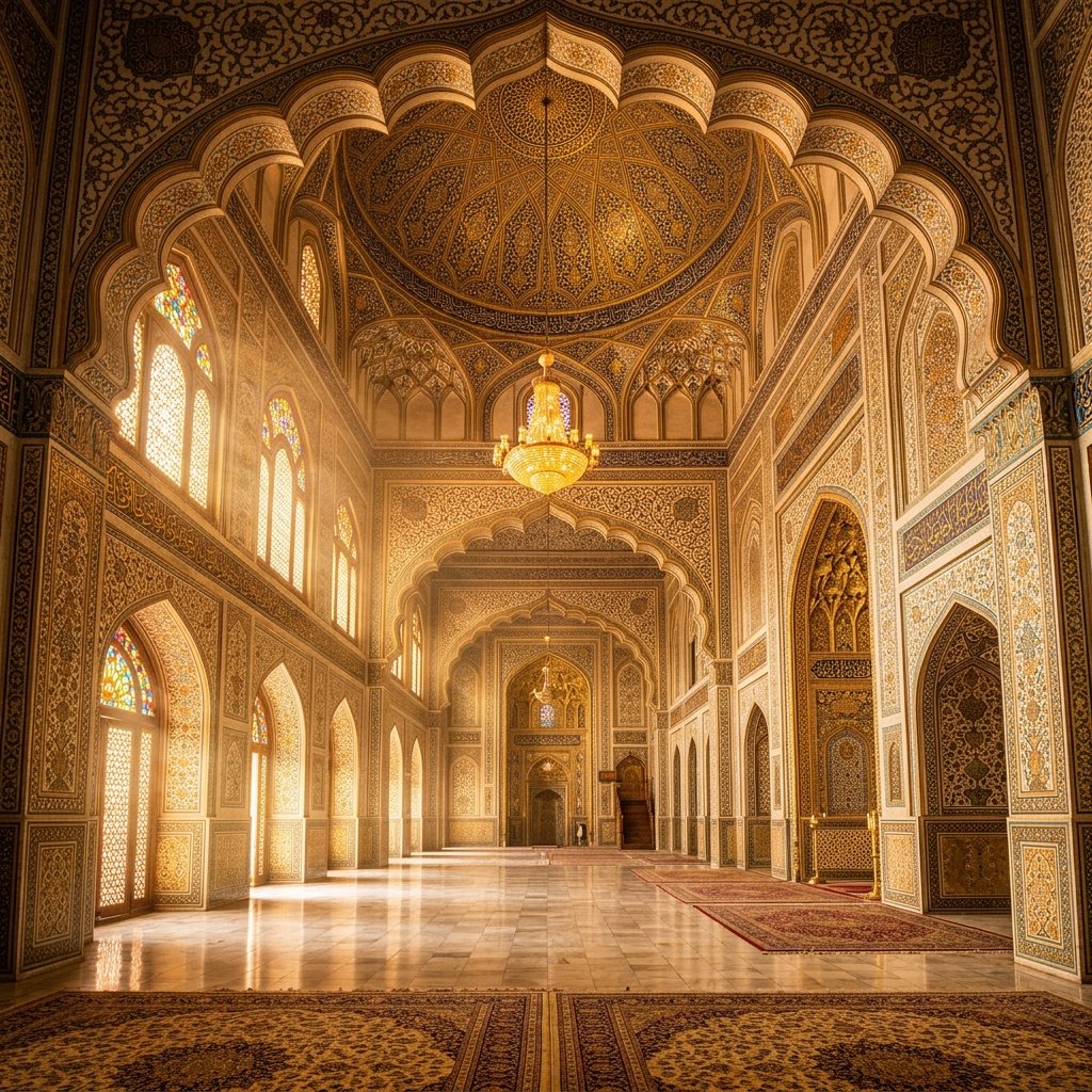 Ornate arches and warm light in a traditional interior