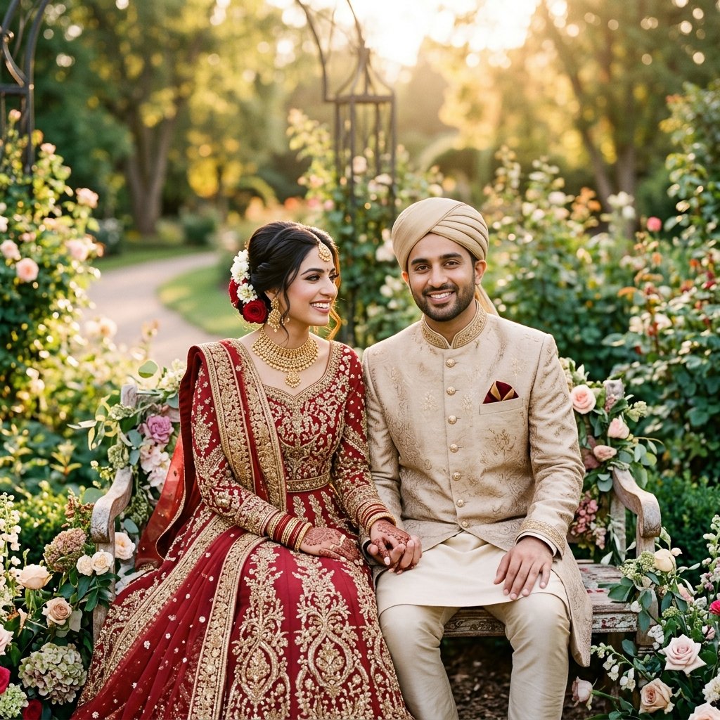 Illustrative wedding couple sitting in a garden